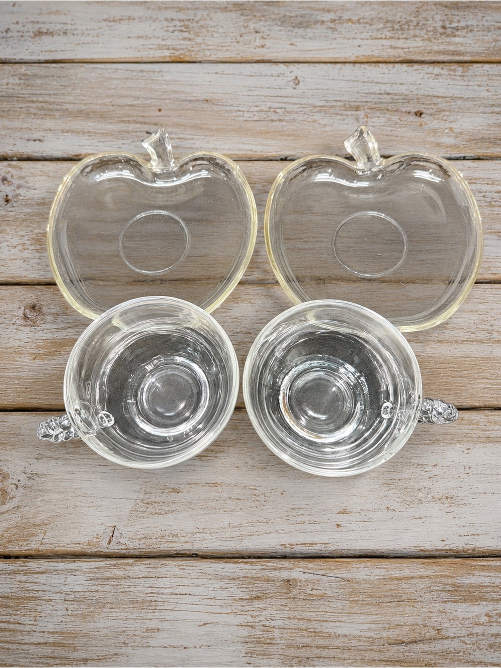 Vintage Clear Glass Teacups & Apple Shaped Glass Saucers Set of 2